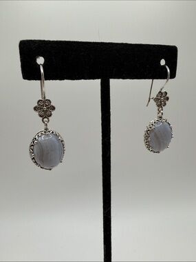 Sterling Silver Blue Lace Agate Dangle Earrings signed 925 Jaja Turkey